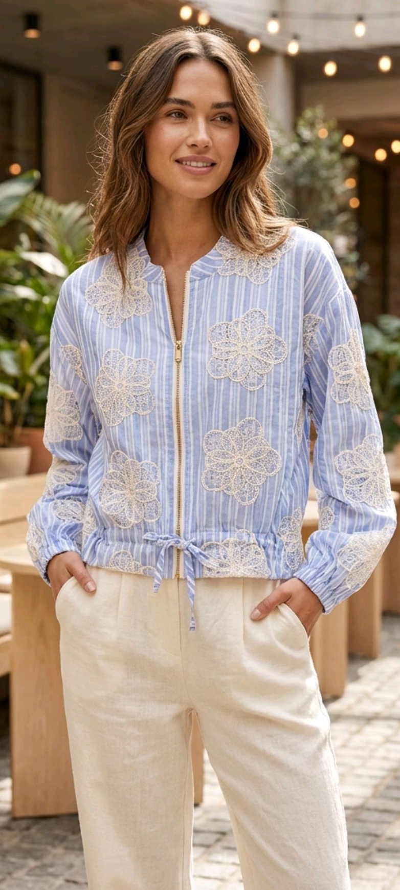 Embroidered blue stripe bomber jacket