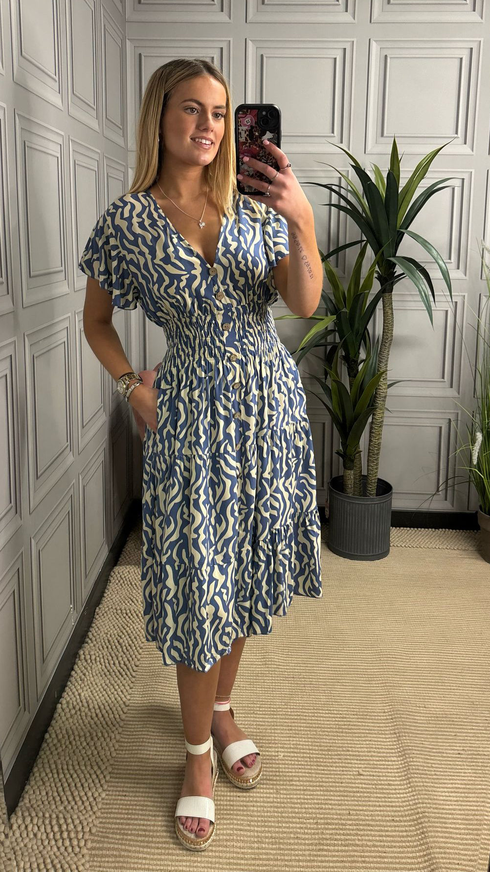 Our Waves - Denim Blue & Cream Short Sleeved Summer Dress