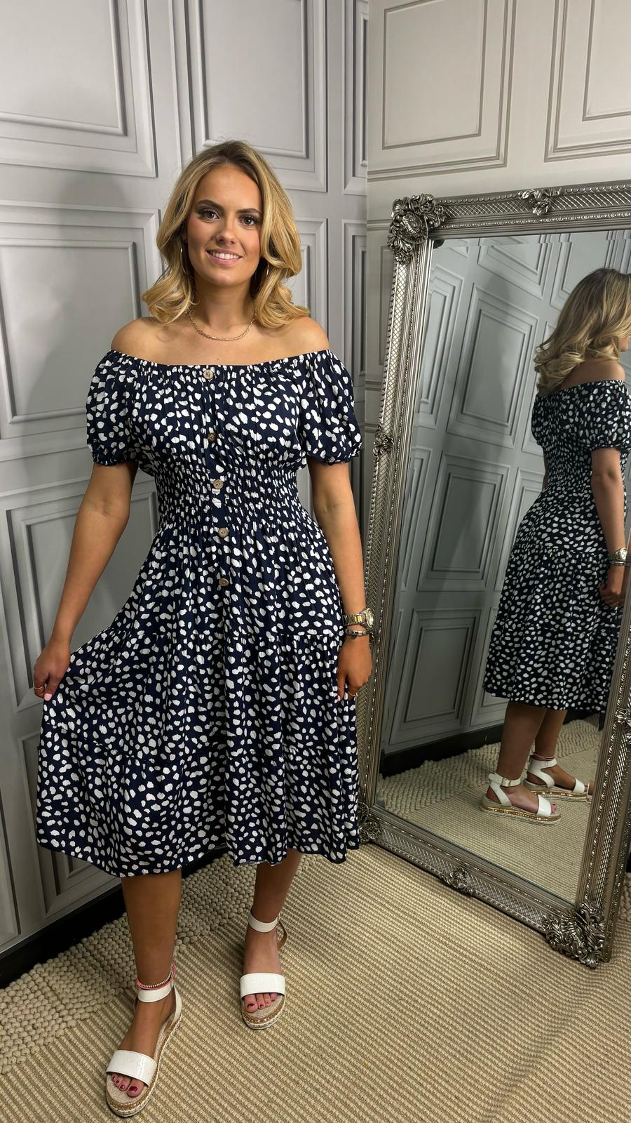 Our Summer nights - Navy Blue With White Spots Dress