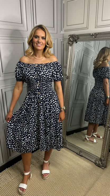 Our Summer nights - Navy Blue With White Spots Dress