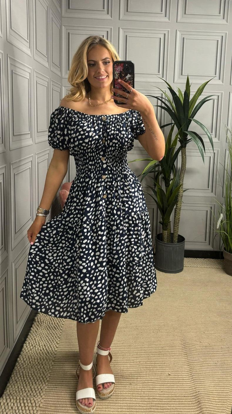 Our Summer nights - Navy Blue With White Spots Dress