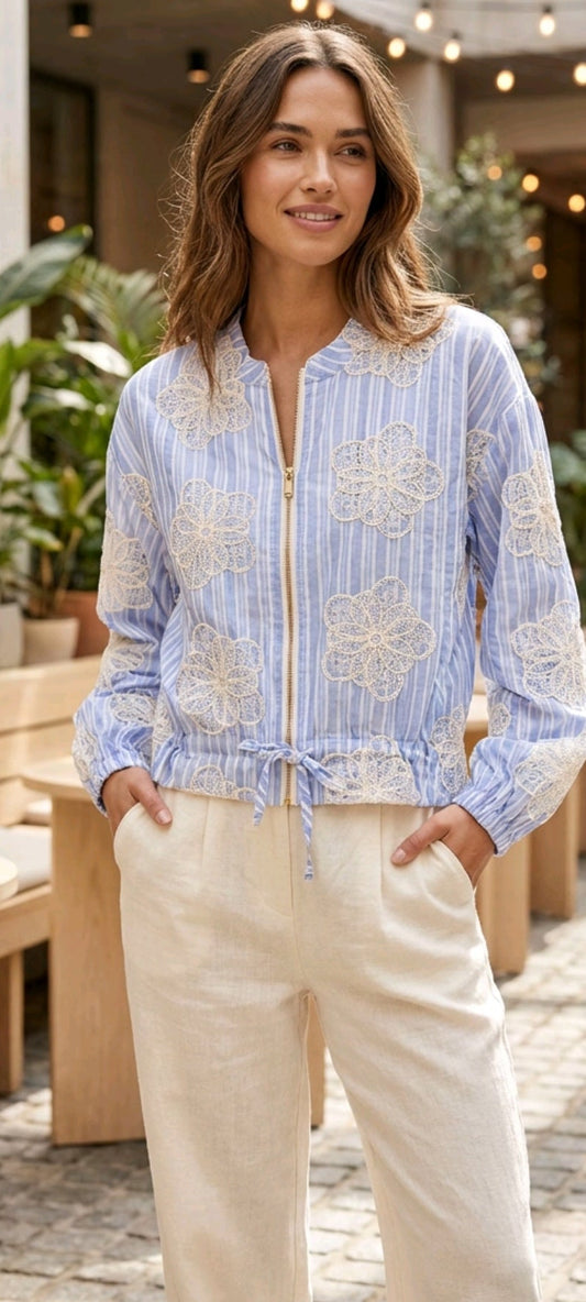 Embroidered blue stripe bomber jacket