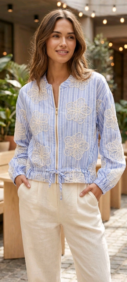 Embroidered blue stripe bomber jacket